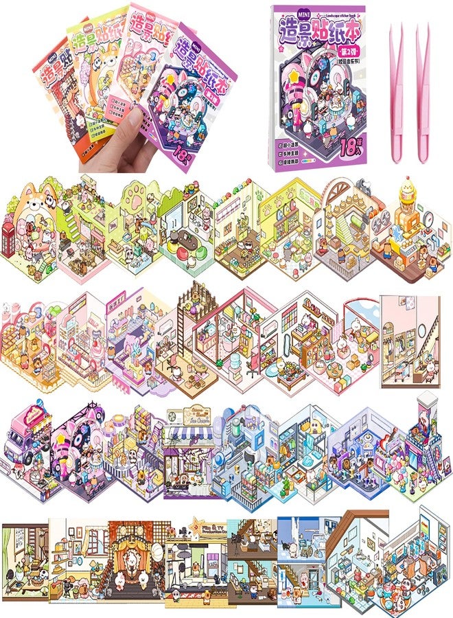 GUBEARE 32 Sets Pocket DIY 3D Sticker Scene Collection Book DIY 3D House Stickers Therapy Cute Cartoon Mini Stickers Scenes for Relief Stress Pass The Time - Image 1